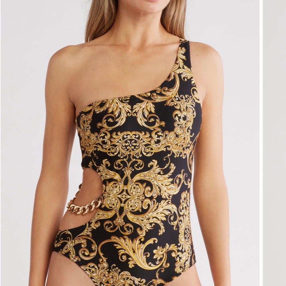L'AGENCE Black and Gold one shoulder Patterned Swimwear